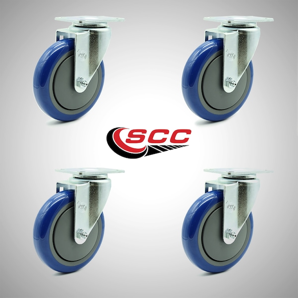 5 Inch SS Blue Polyurethane Wheel Swivel Top Plate Caster Set